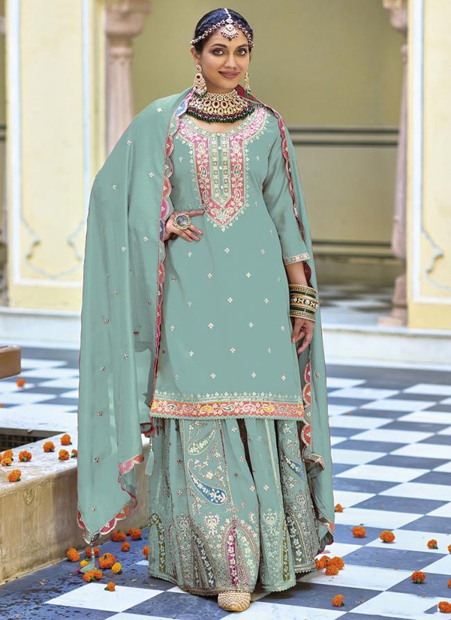 Chinnon Light Blue Wedding Wear Embroidery Work Readymade Plazzo Suit